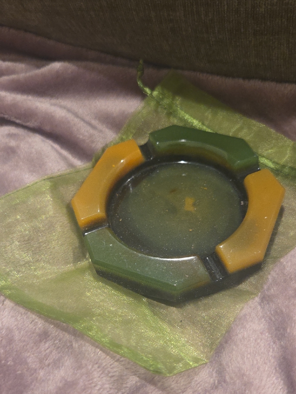 Vintage Green and Mustard Mixed Media Decorative Dish - Unbranded